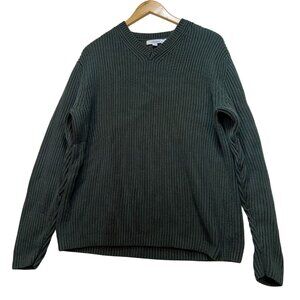 Calvin Klein Mens V-Neck Sweater Large Green Ribbed Knit Pullover Cozy Casual